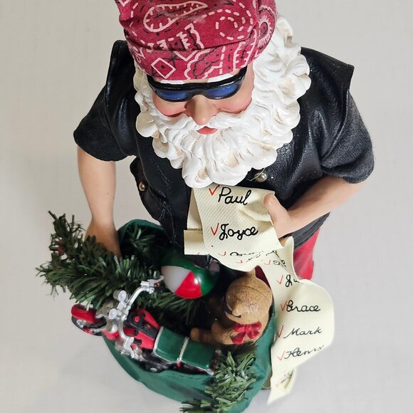 Clothtique Biker Santa 9" Tall With Nice List And Bag of Toys Christmas Decor - Picture 3 of 10
